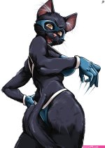 chtv tarreban original absurdres highres 1girl animal ears bare shoulders black fur blue background blue gloves blue panties cat ears cat girl cat tail cowboy shot fangs from behind furry furry female