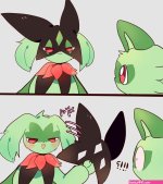 yupo 0322 meowscarada sprigatito creatures company game freak nintendo pokemon highres !? 2koma blush cat comic furry mask red eyes simple background smile surprised unworn mask