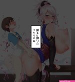 katsura harufumi miyamoto musashi fate fategrand order fate series silver hair absurdres highres translated 1boy 1girl age difference black thighhighs blue eyes blush breasts brown hairponytail curvy detached sleeves earrings hair ornament...