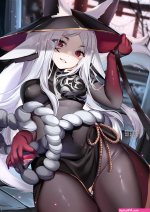 squchan dyarikku vtuber vyugen commentary english commentary highres 1girl animal ears black headwear black pantyhose breasts covered navel cowboy shot facial mark fox ears fox tail gloves grin head tilt holding long