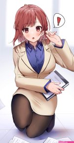 omuretsu teieri anri blue lock commentary request ! 1girl :o black footwear blue shirt blurry blurry background blush breasts brown eyes brown hair brown jacket brown pantyhose brown skirt collared shirt depth