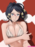 varon arrow en039en no shouboutai en039en no shouboutai highres 1girl :o artist name bikini black hair blue eyes breasts cleavage expressionless hair ornament large breasts looking at viewer parted lips scar short