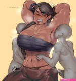 krekkov raider for honor for honor highres 1girl 2boys abs bald braid brown hair closed eyes collarbone dark-skinned female dark skin english text faceless faceless male licking licking armpit long hair male