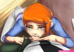apostle ben tennyson gwen tennyson ben 10 1boy 1girl blush child on child clothed sex cum cum in mouth deepthroat earrings eyebrows fellatio from above green eyes hair ornament hairclip half-closed eyes