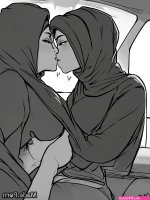 Porn image of cartoon lesbian arabic pouting lips car 18 kissing hijab created by AI
