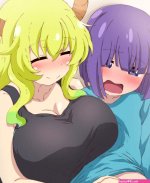 mitarashi o lucoa maidragon magatsuchi shouta kobayashi-san chi no maidragon highres 1boy 1girl age difference bare shoulders black shirt blonde hair blue hair blush breast rest breasts cleavage closed eyes collarbone dragon