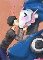 kijouyu arcee arcee prime transformers transformers prime 1boy 1girl android blue eyes blush hetero kiss mecha robot