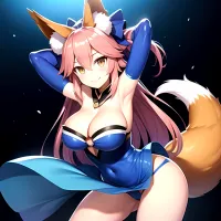 Tamamo Fate Tamamo No Mae Fate Extra 1girl Animal Ear Fluff Animal Ears Arms Up Bare Shoulders Blue Dress Blue 1879804135