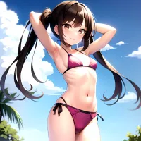 1girl Armpits Arms Behind Head Bikini Brown Eyes Brown Hair Cowboy Shot Dot Nose Flat Chest From Side Hair Ornament 787666877