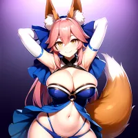 Tamamo Fate Tamamo No Mae Fate Extra 1girl Animal Ear Fluff Animal Ears Arms Up Bare Shoulders Blue Dress Blue 2858184739