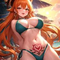 Nami One Piece 1girl Bare Arms Bare Shoulders Bikini Breasts Earrings Green Bikini Groin Jewelry Large Breasts Long Hair Looking 146702060