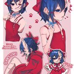 maromichan mita miside tiny mita miside miside commentary request highres translation request 1girl 1other amputee artist name blue eyes blue hair blue ribbon blush stickers bow bowtie chibi choker disembodied hand dress