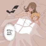 yuushiba aether genshin impact lisa genshin impact genshin impact highres 1boy 1girl aged down bed bed sheet blanket blonde hair blush brown hair closed eyes comic green eyes hair between eyes long