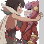 kurachi mizuki courtney pokemon may pokemon zinnia pokemon creatures company game freak nintendo pokemon pokemon oras absurdres highres 3girls against wall asymmetrical docking back black hair black shirt blush bow breast press