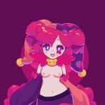 buro muse dash muse dash animated bright pupils clown loli no bra purple eyes red hair white pupils