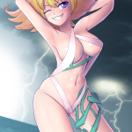 zelc-face phosphora kid icarus kid icarus uprising nintendo 1girl armpits arms behind back blonde hair blue eyes breasts cloud large breasts one-piece swimsuit one eye closed short hair storm swimsuit teeth thunder