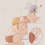 ayaka genshin impact kamisato ayaka kamisato ayaka springbloom missive lumine genshin impact genshin impact highres 1futa 1girl apron aroused ass barefoot bent over blonde hair blush breasts bulge butterfly hair ornament...