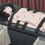 hamashima shigeo hokari kanae clockup euphoria clockup game cg 1girl bdsm black eyes black hair bondage bound bow breasts collar convenient censoring female focus female pubic hair hair bow lying medium breasts