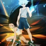 k.g matsumoto zo gon freecss killua zoldyck hunter x hunter green footwear absurdres highres huge filesize spoilers 2boys bare arms bare shoulders black hair blue eyes blue shorts boots brown eyes child