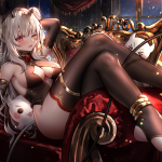 lucy pyre indie virtual youtuber 1girl anklet black thighhighs blush breasts cleavage grey hair hair ornament jewelry legs up long hair looking at viewer lying medium breasts one eye closed open mouth