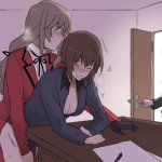 yuuhi arcadia chouno ami nishizumi maho shimada chiyo girls und panzer 1futa 2girls black hair blush bottle bottomless breasts brown hair caught cleavage futa with female futanari implied futanari kuromorimine military uniform