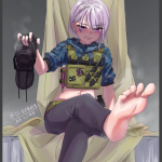 kjf canying xiaowen mai delta force delta force video game highres 1girl barefoot boots crossed legs feet light blush looking at viewer medium hair parted lips purple eyes shoes single shoe soles