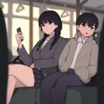 pepper0 akiyama fumika pepper0 akiyama minato pepper0 original highres 1boy 1girl age difference black hair black skirt blue eyes braid breasts brother and sister bus interior cellphone child crossed legs earphones hands