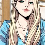 shelly scott wind breaker 1girl blonde hair green eyes long hair solo very long hair