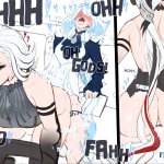 redfuchsia arlecchino genshin impact furina genshin impact genshin impact highres 1futa 1girl arm support arm tattoo ass backless dress backless outfit bare shoulders bent over black hair blue hair blush breasts brooch