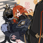 sgrimp capitano genshin impact mavuika genshin impact genshin impact highres 1boy 1girl ahoge anger vein biker clothes bikesuit black bodysuit black hair bodysuit breasts earrings english text fiery hair gloves helmet jewelry