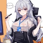 yajuu bronya zaychik bronya zaychik outstanding attitude bronya zaychik silverwing: n-ex homu honkai impact honkai series honkai impact 3rd absurdres highres... 1girl black jacket black skirt breasts cat chair earrings grey
