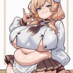 srbready bready nikke goddess of victory: nikke highres 1girl apron belly black nails blush breasts brown eyes brown hair candy cowboy shot fingernails food hat huge breasts lollipop long hair looking at