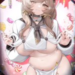 blackcat enjia bready nikke goddess of victory: nikke absurdres commentary request highres 1girl apron belly black thighhighs breasts brown eyes brown hair candy chef hat choker food grey sailor collar hair ribbon
