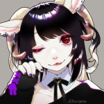 ko-on ningen zoo original 1girl :3 animal ears black hair black nails black ribbon body fur colored tips cross-laced clothes cross-laced sleeves detached collar ear piercing furry furry female grey background hand