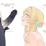 amefurin arlecchino genshin impact lumine genshin impact genshin impact absurdres commentary english commentary highres paid reward available 1futa 1girl artist name black pants blonde hair blush colored extremities english text...