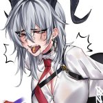 tira tiiramiiisu2 zani wuthering waves wuthering waves absurdres highres 1girl ahegao blush breasts button gap chest harness cleavage collared shirt gloves half gloves harness holding necktie horns large breasts long hair necktie