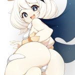 slugbox paimon genshin impact genshin impact bad id bad twitter id highres 1girl ass barefoot black eyes breasts cape feet hair ornament looking at viewer medium breasts open mouth pale skin pear-shaped