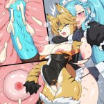 hashimoto seigi akenoitsnafulol pulchra fellini zenless zone zero highres 1futa 1girl animal costume animal ear fluff animal penis apron bikini blonde hair blue hair blush breasts breasts out cum cum in pussy