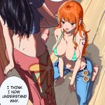 fu7444 nami one piece nico robin one piece clothes absurdres highres 1futa 1girl bikini bikini top only black hair breasts clothes grab english text erection futa with female futanari large breasts large