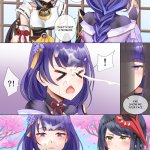 springveiv aether genshin impact raiden shogun yae miko genshin impact highres cum cum on body cum on fingers english text facial speech bubble surprised thought bubble wavy hair