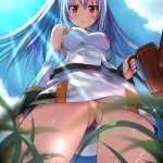 brora isla plastic memories plastic memories uniform highres 10s 1girl ahoge bare shoulders blue hair blush breasts cleft of venus cloud day detached sleeves dew drop female focus from below gluteal fold