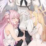 uno ryoku mika blue archive nagisa blue archive seia blue archive blue archive highres second-party source 1futa 2girls animal ear fluff animal ears black pantyhose blonde hair blush breasts bulge detached sleeves