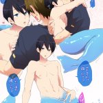hato yu-ki nanase haruka free! free! 10s 1cuntboy 2boys :o arm support bar censor black hair black shirt blue eyes blush brown hair censored comic cuntboy cuntboy with male heart hug kiss