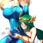 wazukani palutena samus aran kid icarus metroid nintendo super smash bros. commentary highres 1futa 1girl aqua eyes blonde hair blue bodysuit blush bodysuit bracelet breasts bulge chain chain necklace closed eyes closed