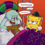 diforland spongebob squarepants squidward tentacles spongebob squarepants series 2boys alternate costume annoyed arms behind head bed blue eyes blue skin bright pupils brown shirt colored sclera colored skin english text handjob implied