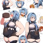 nimo b45ui eula genshin impact lumine genshin impact paimon genshin impact genshin impact absurdres highres... 1girl 3girls belly blonde hair blue hair blush breasts burger crying cup fat fat woman food