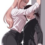 luckyshazo higashiyama kobeni power chainsaw man chainsaw man highres 1futa 1girl black pants breasts brown hair bulge demon horns erection erection under clothes futanari height difference horns imminent penetration imminent rape...