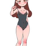 midnight hpjk5852 mabel pines gravity falls absurdres highres 1girl barefoot blue one-piece swimsuit blush breasts brown eyes brown hair clothes pull covered navel feet female focus full body hairband legs loli long