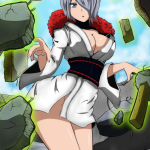 h1draw yanagi reiko boku no hero academia silver hair absurdres highres 1girl artist name breasts cleavage debris fur collar grey eyes hair over one eye large breasts short hair solo telekinesis thighs -