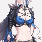 uriuritei galbrena wuthering waves wuthering waves commentary request highres 1girl black jacket black pantyhose black shorts blue bra blue hair bra breasts chromatic aberration closed mouth collarbone cowboy shot cropped jacket...